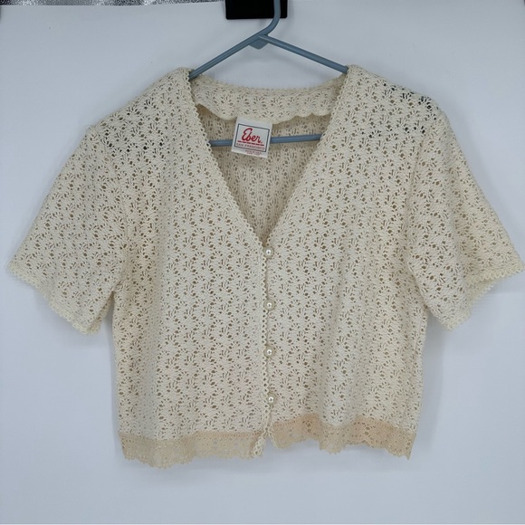 Vintage Tops - Eber San Francisco Cream Knit Crochet Short Sleeve Button Up Top Medium